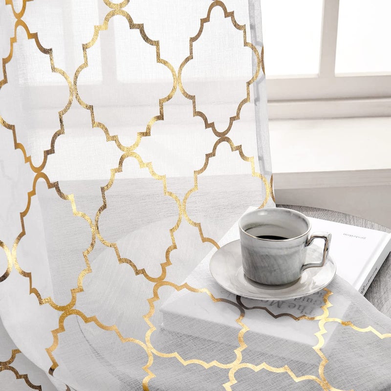 Kotile Silver White Sheer Curtains 96 Inches Long 2 Panels Metallic Shimmer Moroccan Ogee Pattern White Sheer Curtains for Living Room, Rod Pocket Light Filtering Privacy Curtains, W52 x L96 Inch - Image 1